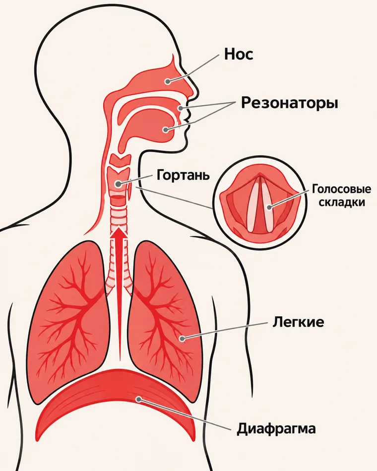 Схема голосового аппарата и расположение голосовых складок в гортани